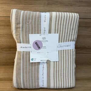 DOCOFIL White Coverlet 100% Cotton QUEEN Quilt Blanket Beige Stripes